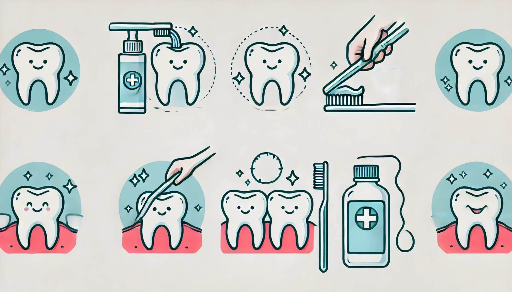  Enkel illustrasjon av grunnleggende munnhygienerutiner: Tannbørsting og bruk av tanntråd, med rene og friske tenner i et minimalistisk design.