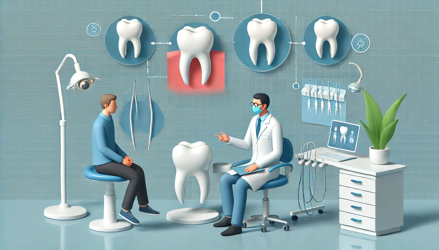 Enkel tannklinikk hvor tannlege forklarer peri-implantatbetennelse og årsaker til pasient med visuelle hjelpemidler, i en ryddig og fokusert setting.