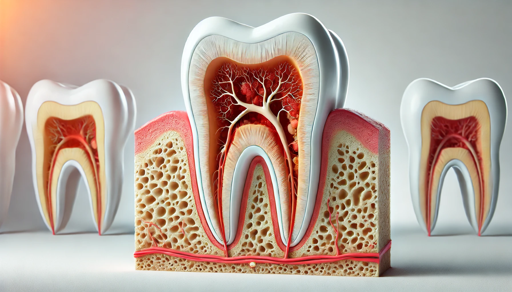 Et detaljert snittbilde av en tann som viser en infisert rotkanal med betent vev, fremhevet mot en ren og minimalistisk bakgrunn.