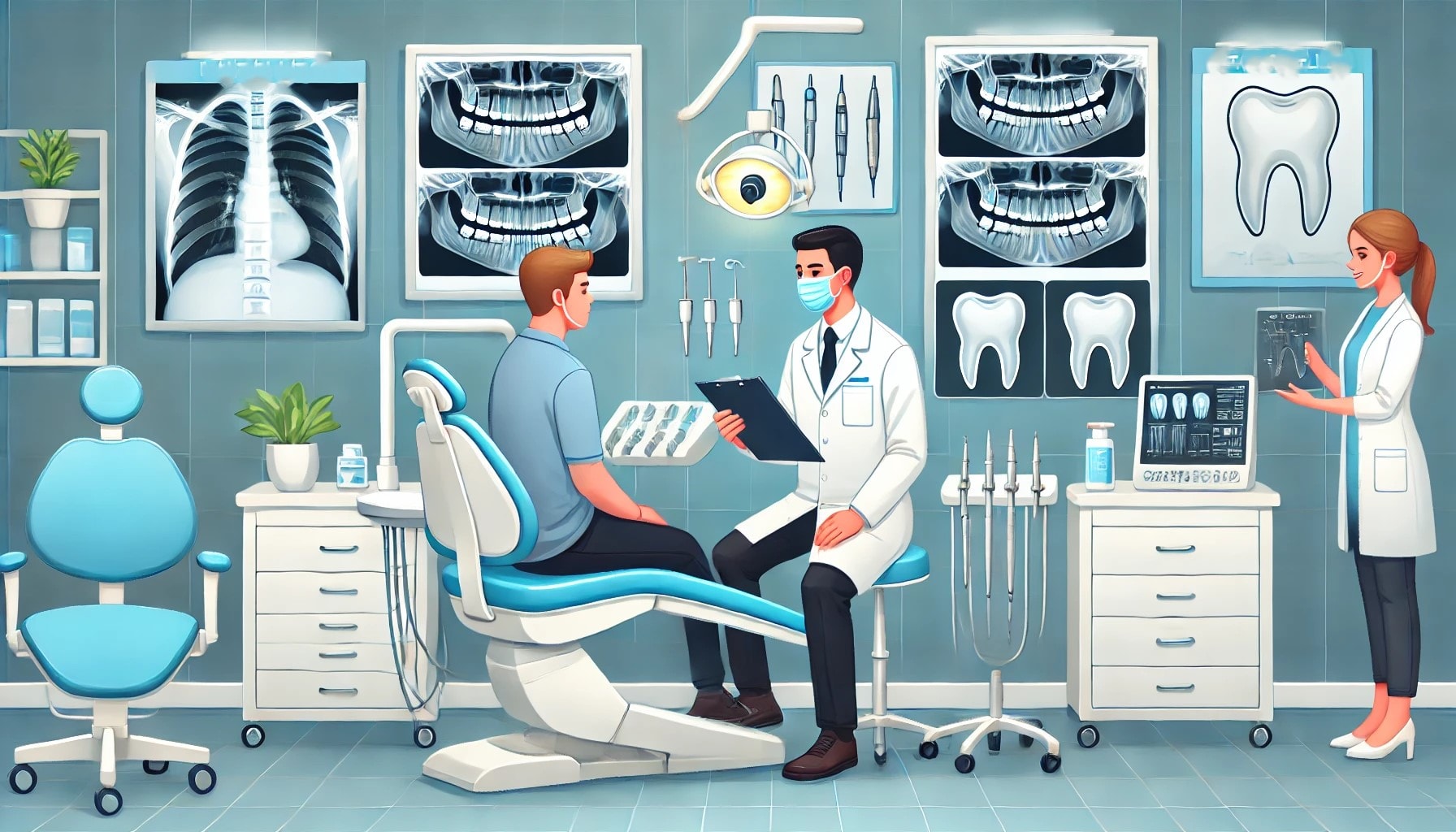 Tannklinikk med pasient som konsulterer tannlege om komplikasjoner etter rotfylling. Tannlegeutstyr, røntgenbilde og profesjonell, omsorgsfull atmosfære.