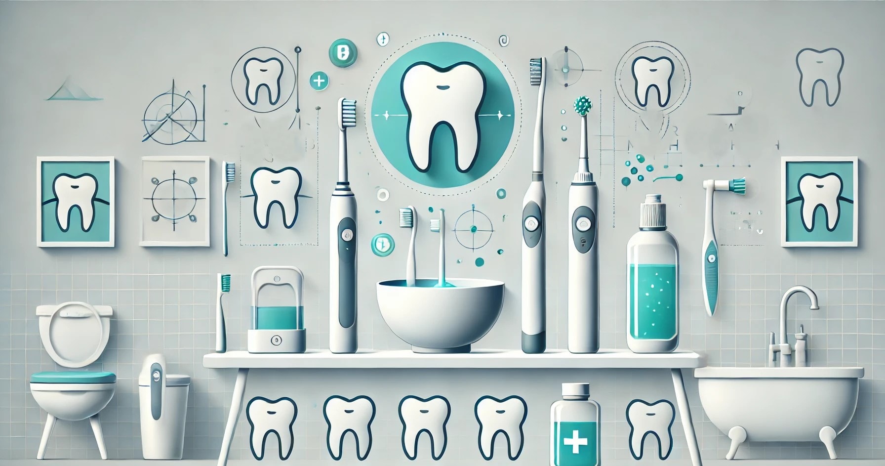 Illustrasjon av effektive munnhygienestrategier med elektriske tannbørster, vanntrådere og munnskyll ordnet i et lyst bad.