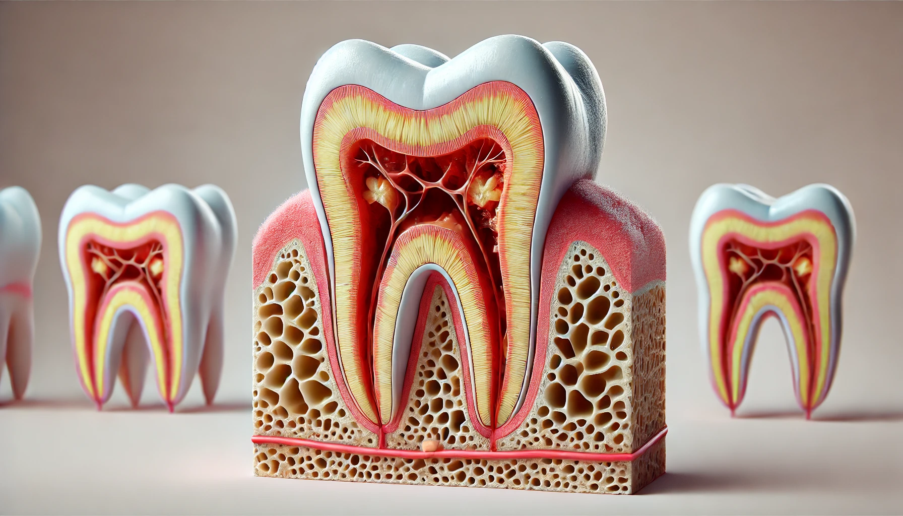 "Detaljert tverrsnitt av en tann som viser utviklingen av intern betennelse, med fokus på infeksjon i tannens pulpa."
