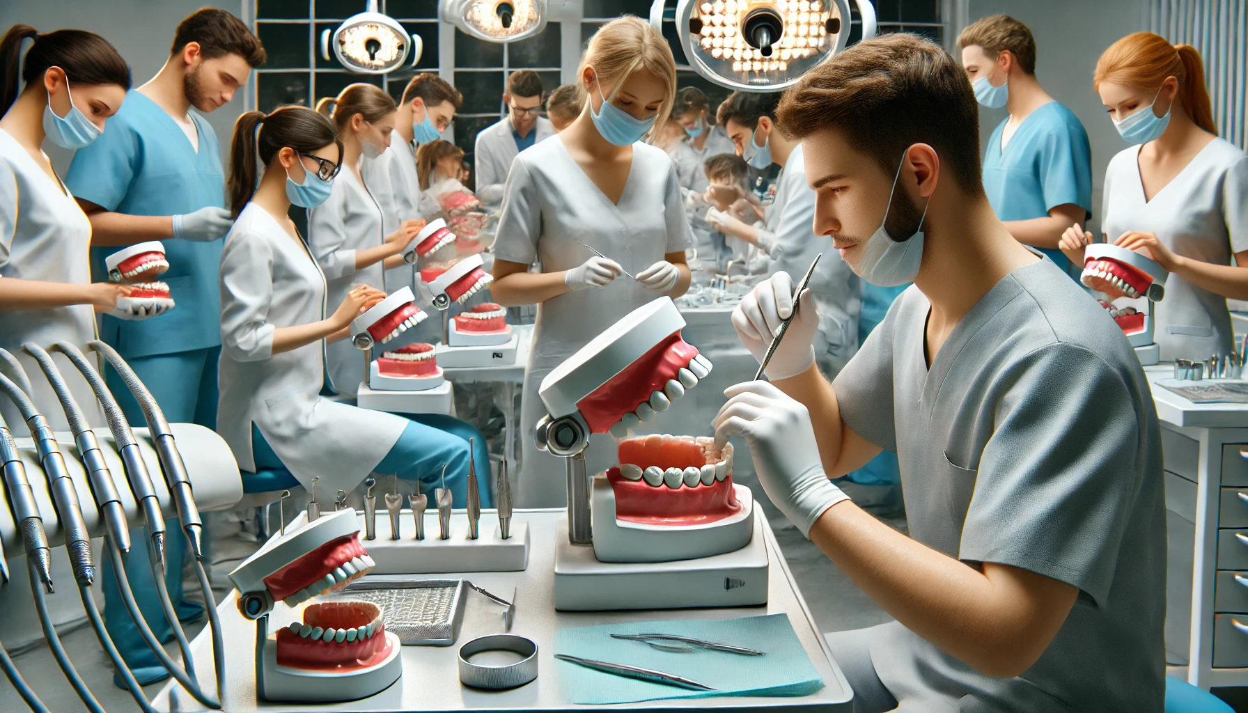 Students practicing dental techniques on models in a well-equipped classroom, learning key treatments in oral health education.