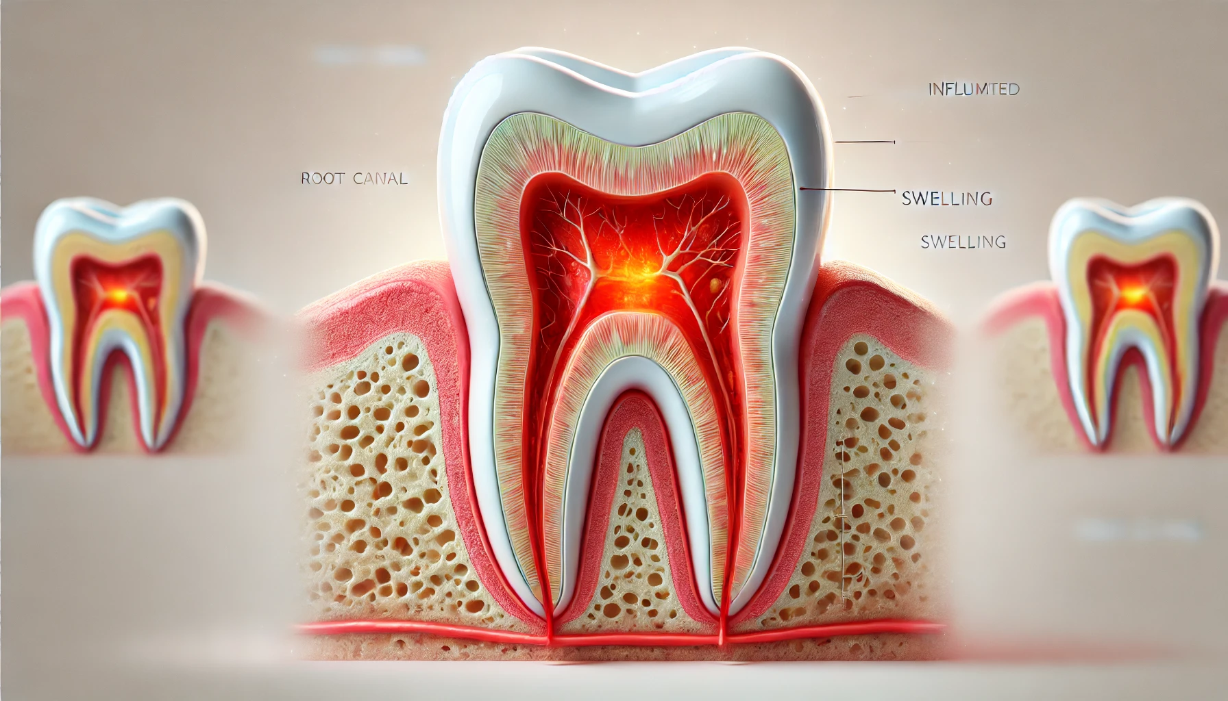 "Detaljert tverrsnittsbilde av en tann som viser betennelse i tannens indre struktur, inkludert rotkanalen og den betente pulpa."