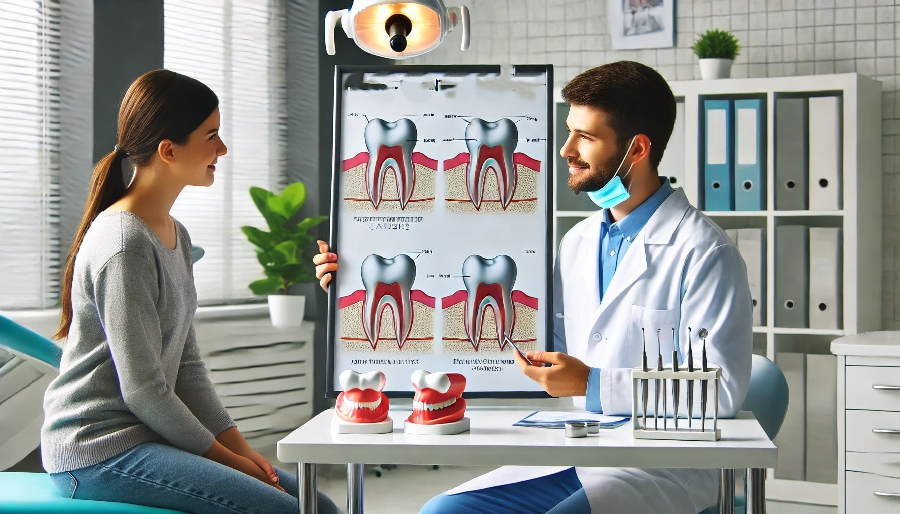 Tannlege forklarer årsaker til betennelse rundt implantat ved hjelp av modeller og diagrammer, mens pasient lytter oppmerksomt i ren og profesjonell klinikk.