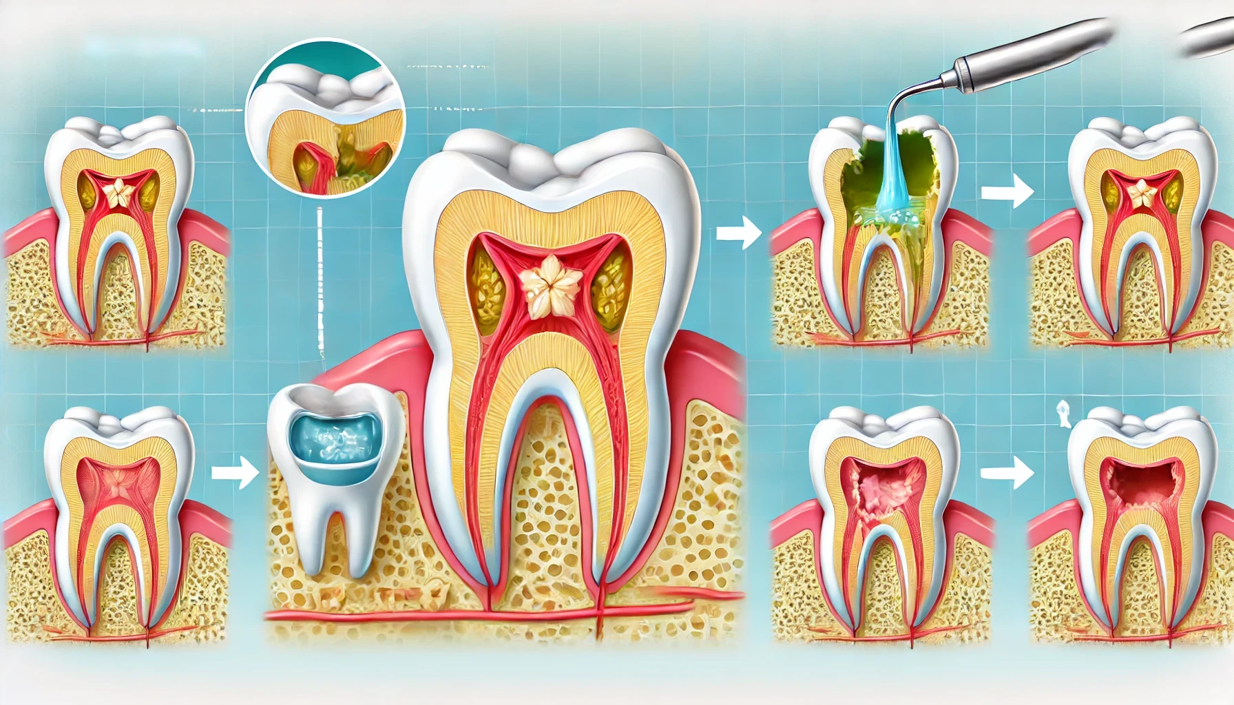 Pedagogisk illustrasjon av rotfyllingsprosessen med tversnitt av tann, viser fjerning av infisert nervevev og restaurering i klinisk miljø.