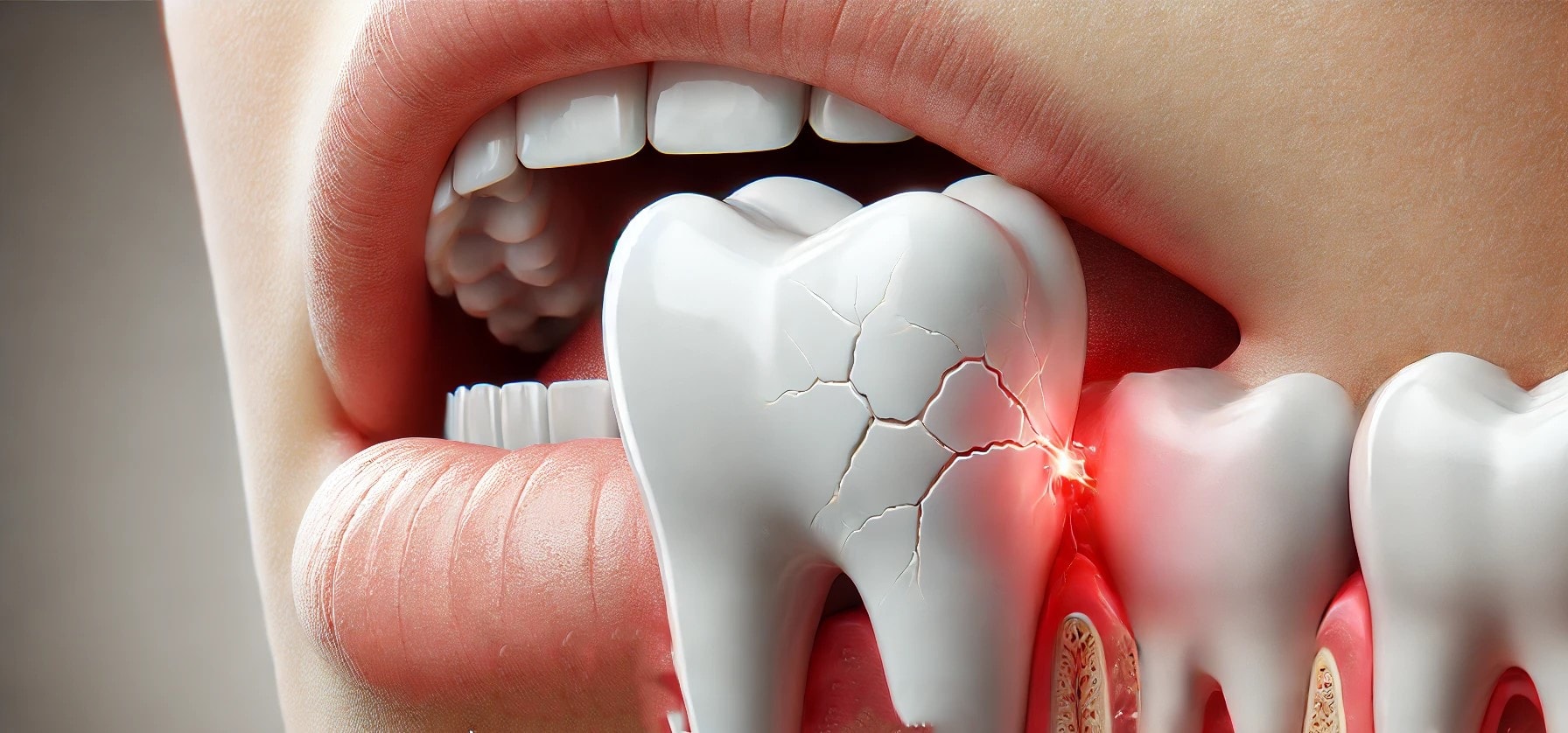 "Detaljert nærbilde av en tann med synlig sprekk og irritasjon i tannkjøttet, som viser symptomer som følsomhet og smerte."