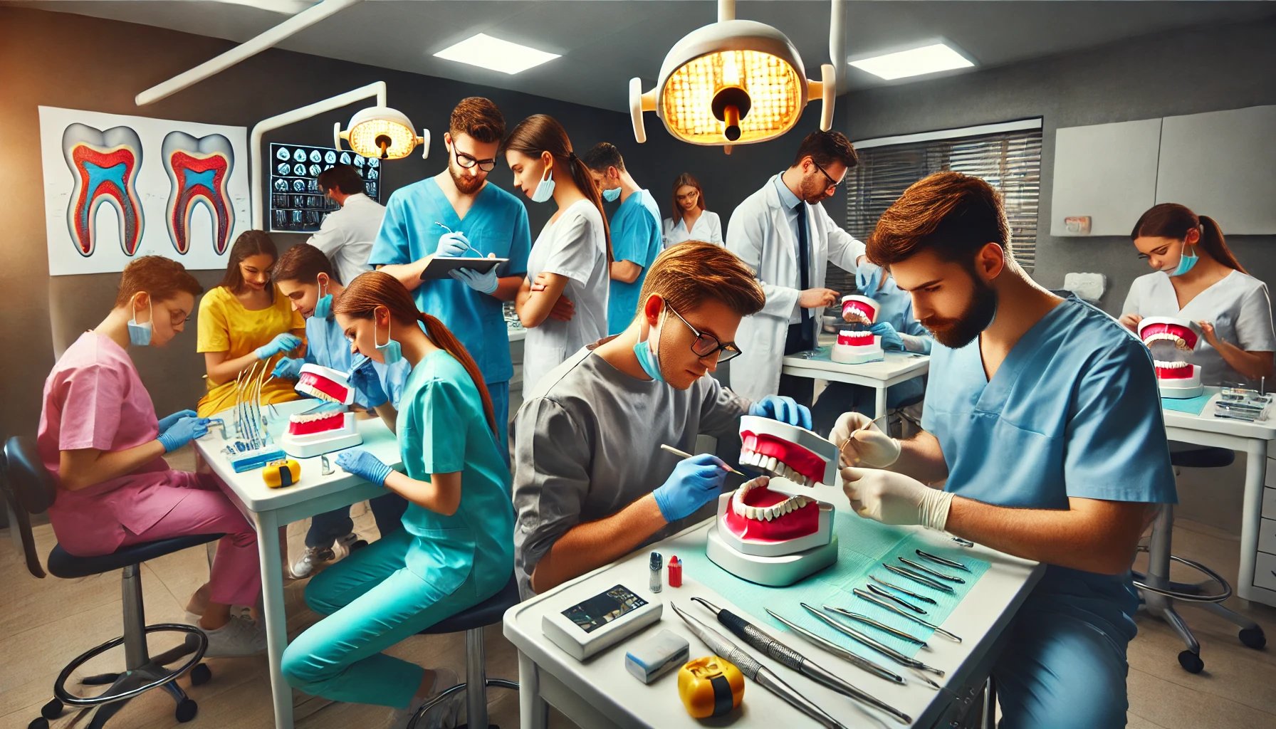 Students practicing dental procedures on models, learning key treatments and techniques in a modern, well-equipped classroom setting.