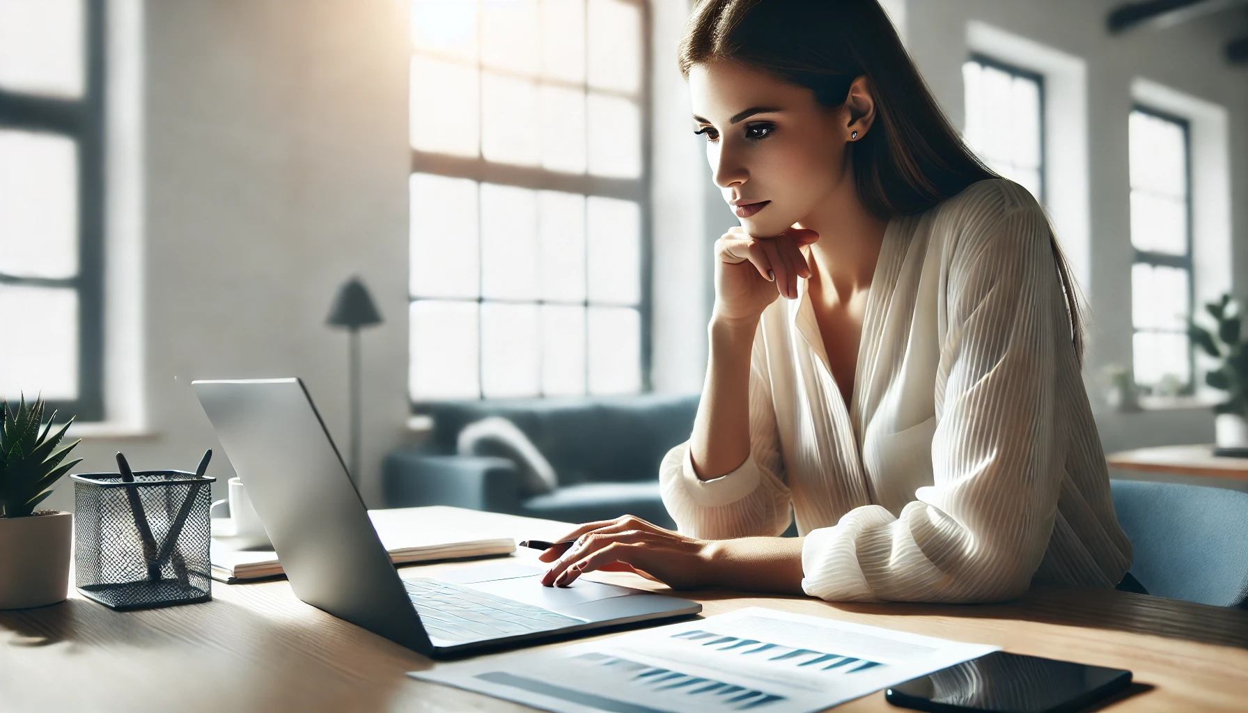 Person ved moderne skrivebord leser økonomiske papirer med åpen laptop, rolig uttrykk og lyst miljø uten tekst i bildet.