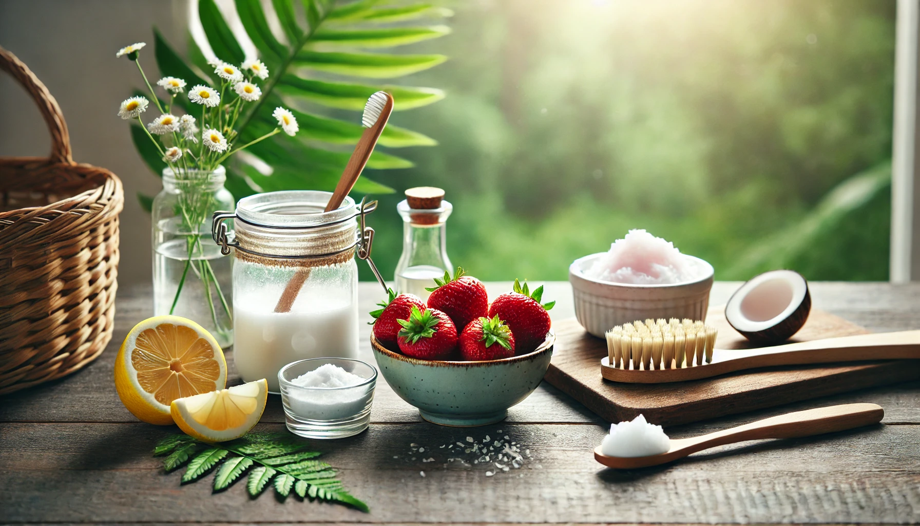Naturlige ingredienser som jordbær, sitron, natron og kokosolje brukt til skånsom tannbleking på et trebord.