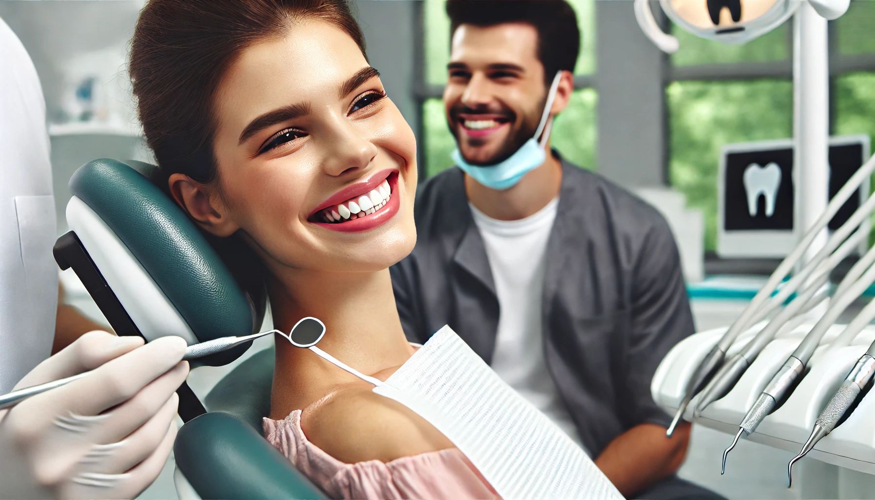 Glad pasient smiler i tannlegestol etter vellykket behandling, i moderne og lyst klinikkmiljø uten tekst i bildet.