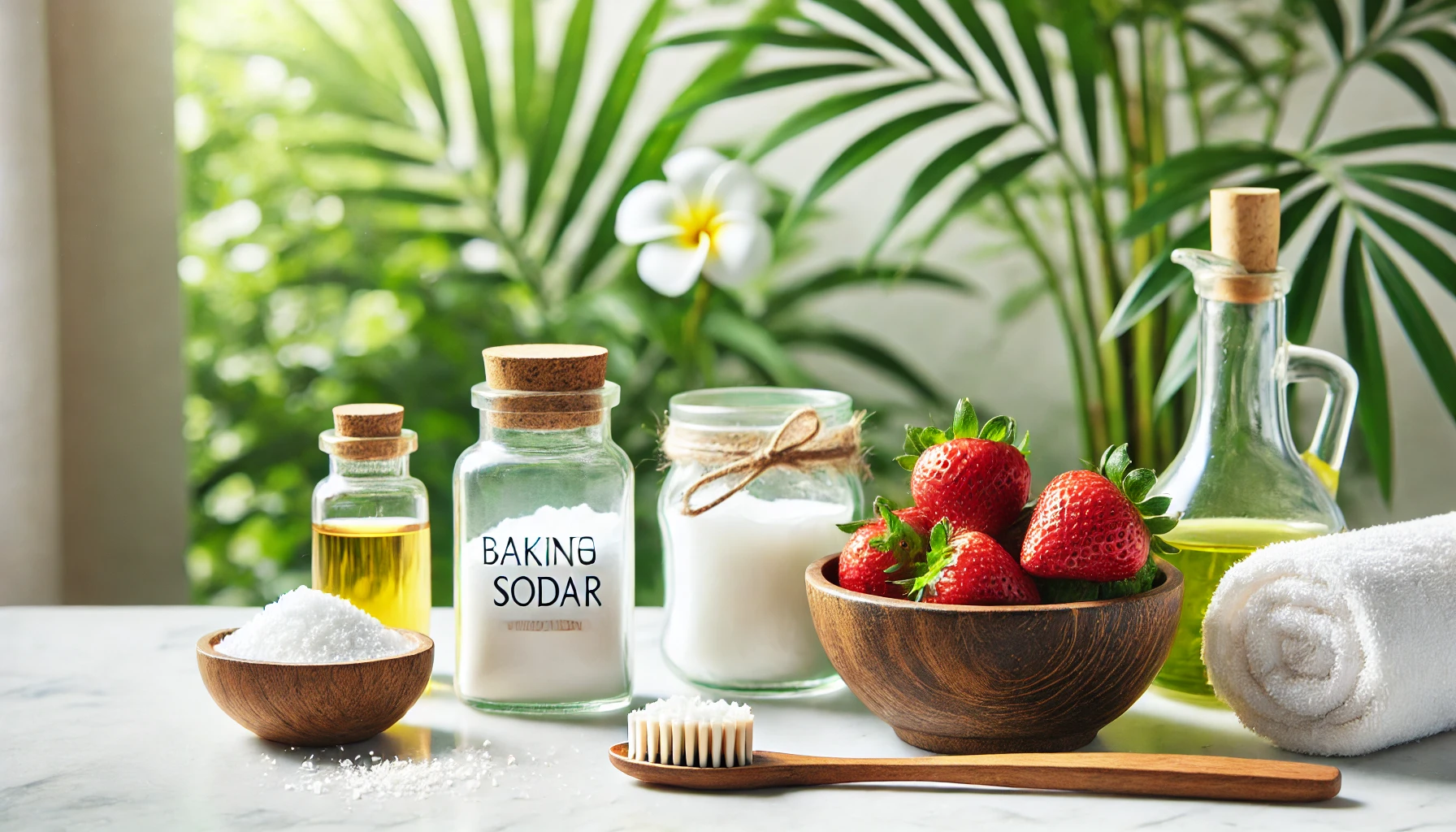 Naturlige ingredienser som bakepulver, jordbær og kokosolje ved siden av en tre-tannbørste på badet.
