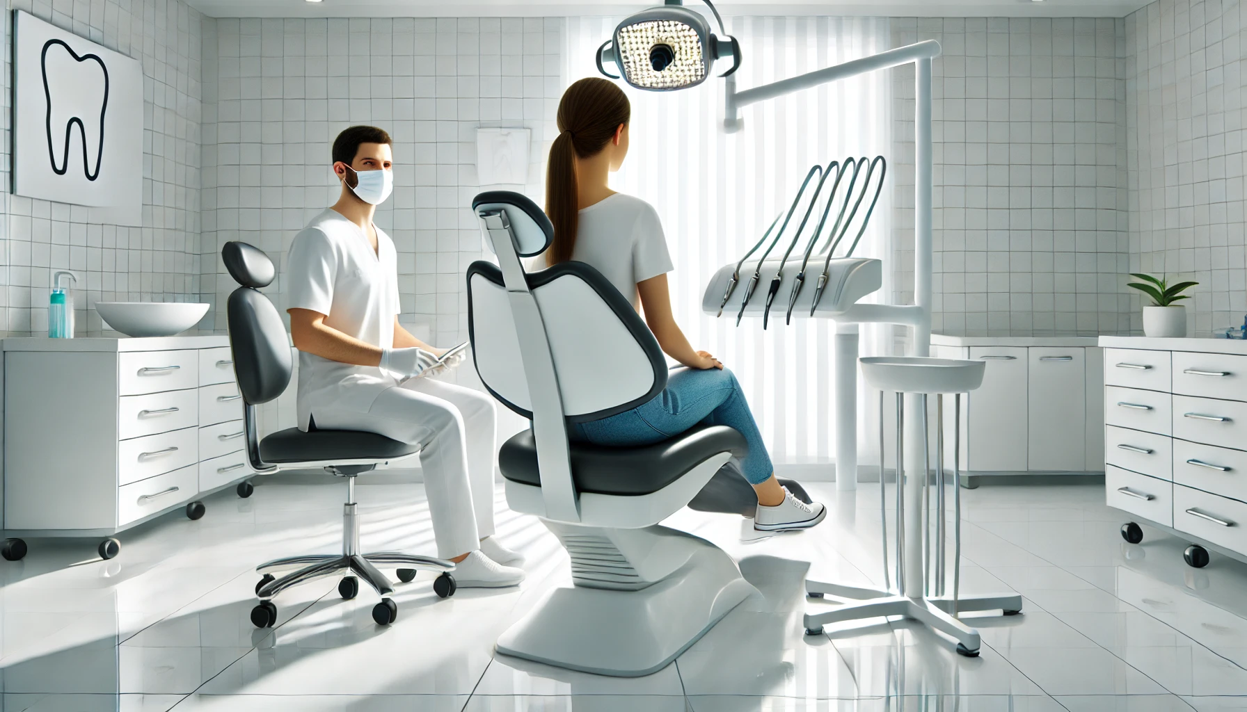 Pasient sitter i moderne tannlegestol i ren og lys klinikk mens tannlegen forbereder seg, uten tekst eller logoer.