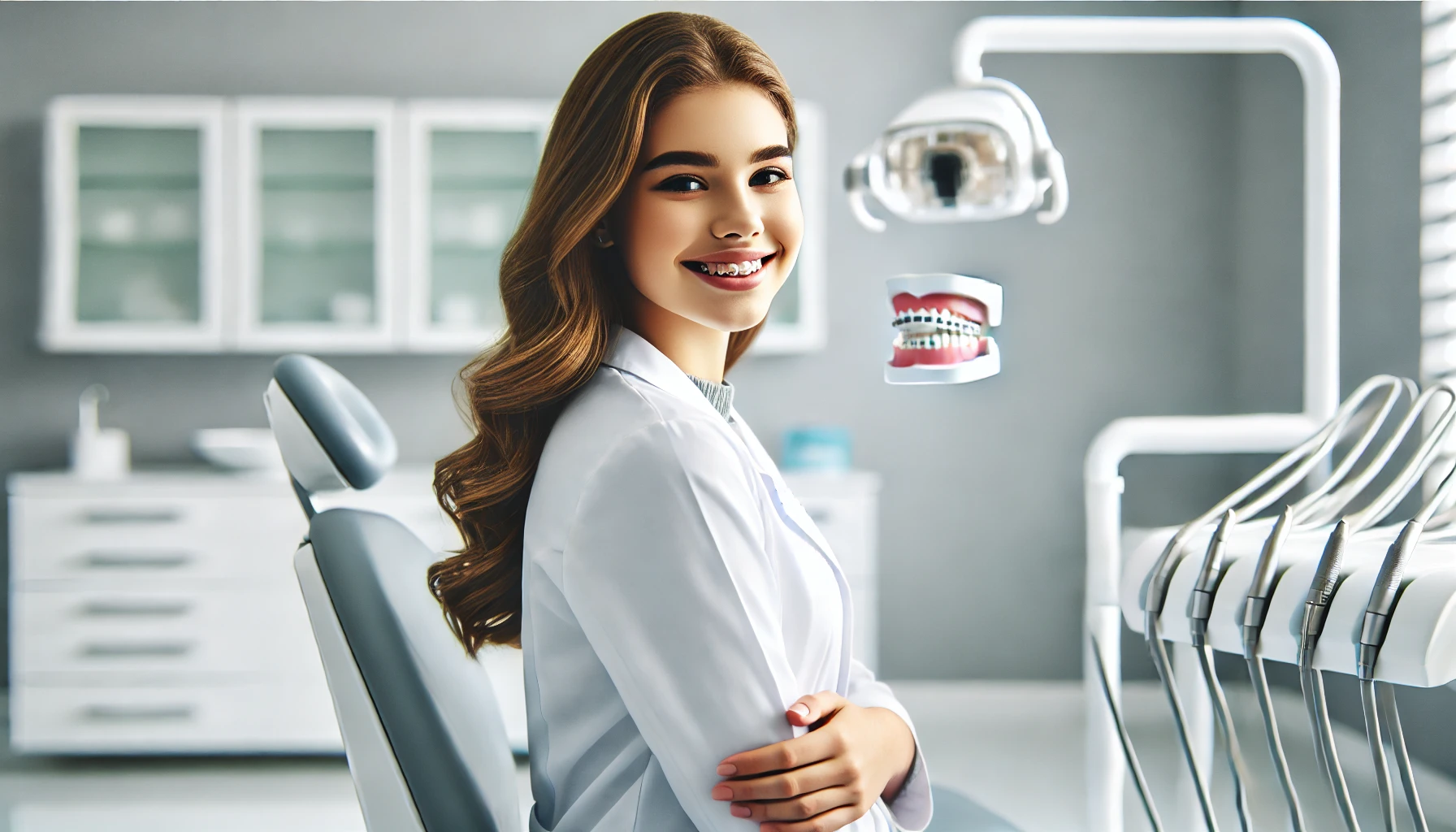 Ung voksen smiler med usynlig tannregulering i moderne klinikk, viser veien til perfekt smil uten tekst i bildet.