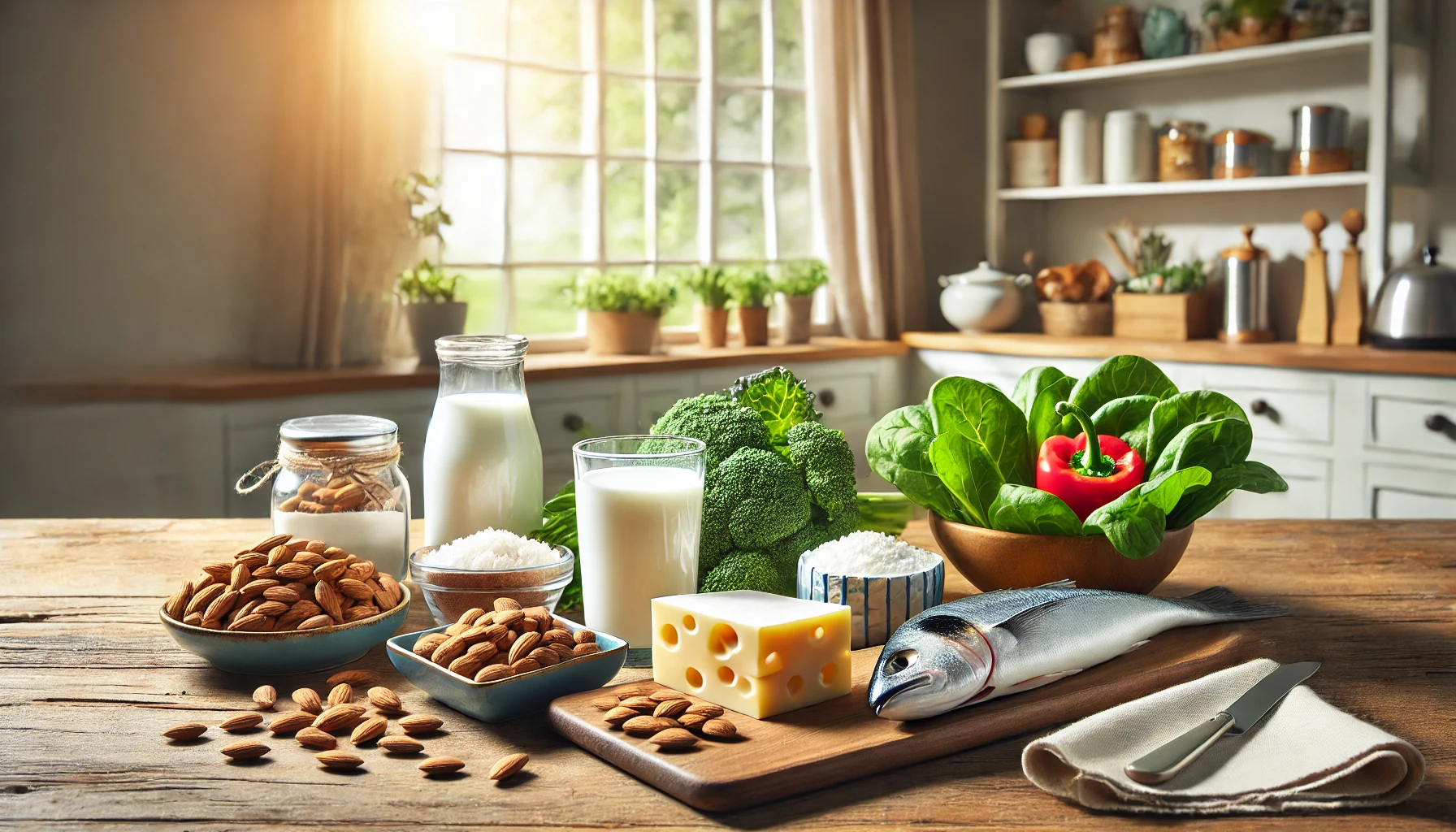 Naturlig kjøkkenbord med melk, ost, grønne blader, mandler og fisk – alle kilder til kalsium og fluor i kosten.