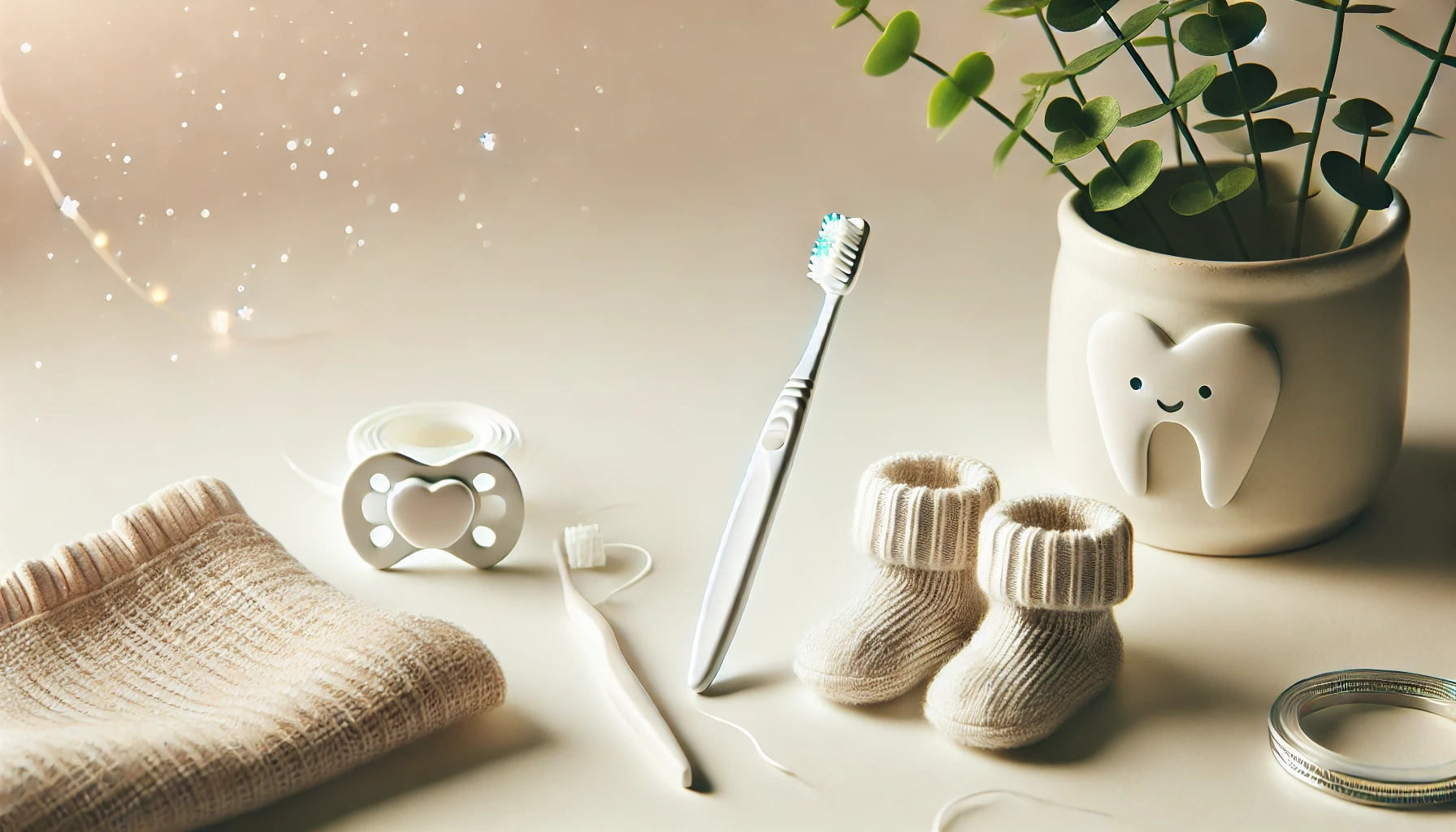 Tannbørste, tanntråd og babysokker på rolig baderomsbenk med naturlig lys, symboliserer tannpleie i svangerskapet. betent tannkjøtt 