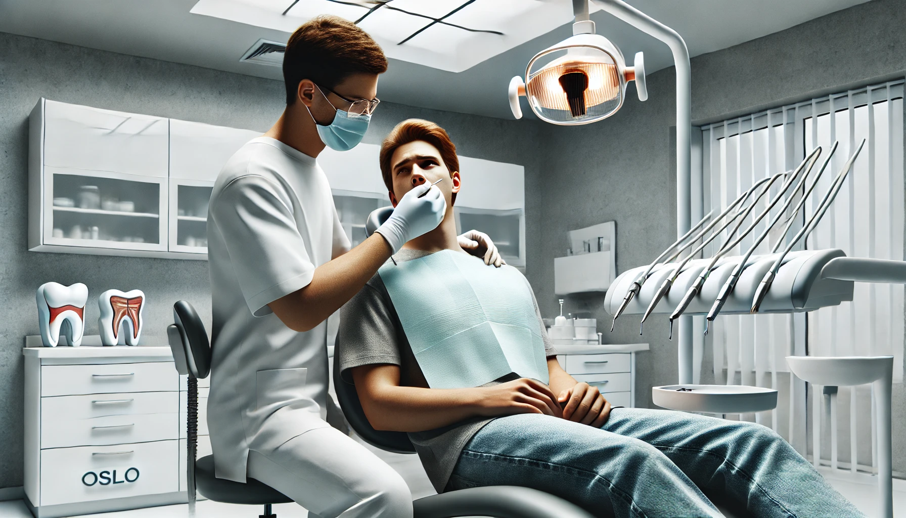 Pasient får akutt tannlegehjelp i Oslo, tannlege med hansker og maske behandler i en moderne klinikk.