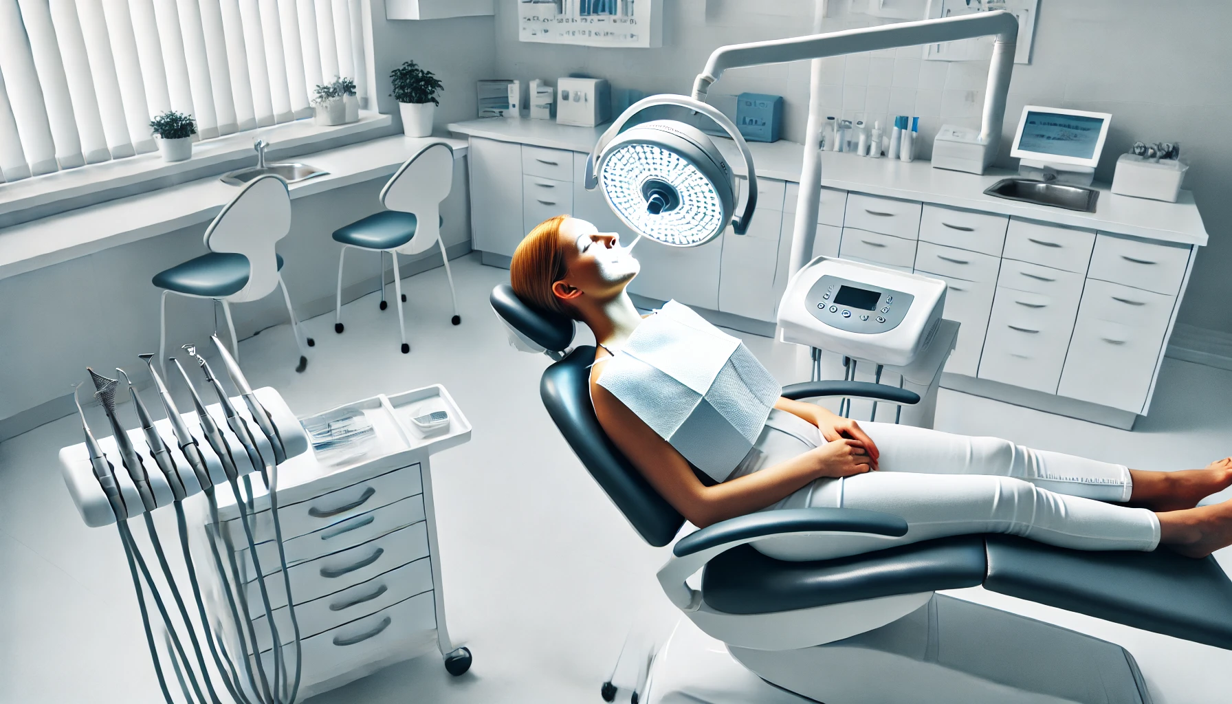 Pasient får profesjonell tannbleking med lampe i moderne og lys tannklinikk i Oslo, omgitt av utstyr og hvit innredning.