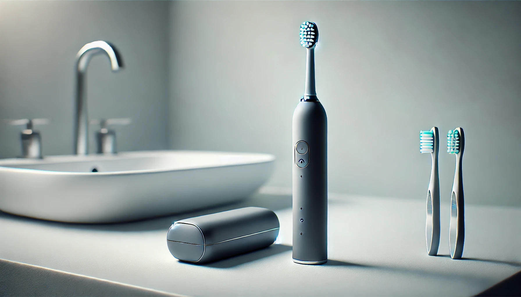 Elektrisk tannbørste og ladestasjon på ren baderomsflate, i lyst og hygienisk miljø uten tekst eller personer.