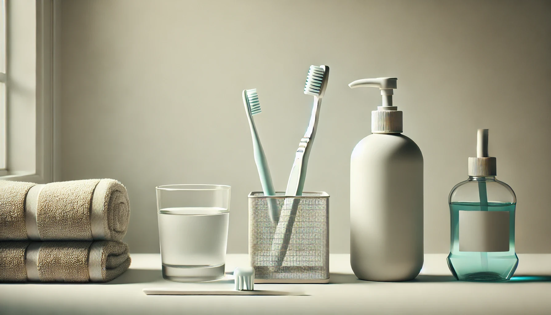 Tannbørste, umerket tannkremtube, vannglass og munnskyll i lyst bademiljø, symboliserer daglig pleie uten tekst.