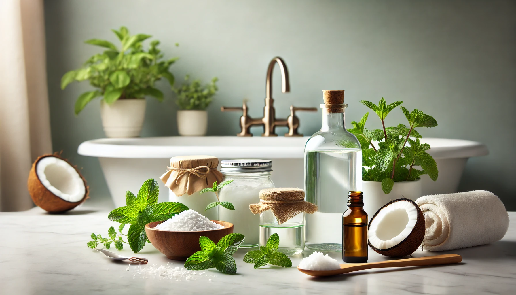 Naturlige ingredienser som mynte, natron og kokosolje ved glassflaske i ren og rolig setting uten tekst eller ord. opprettholde, munnhelse