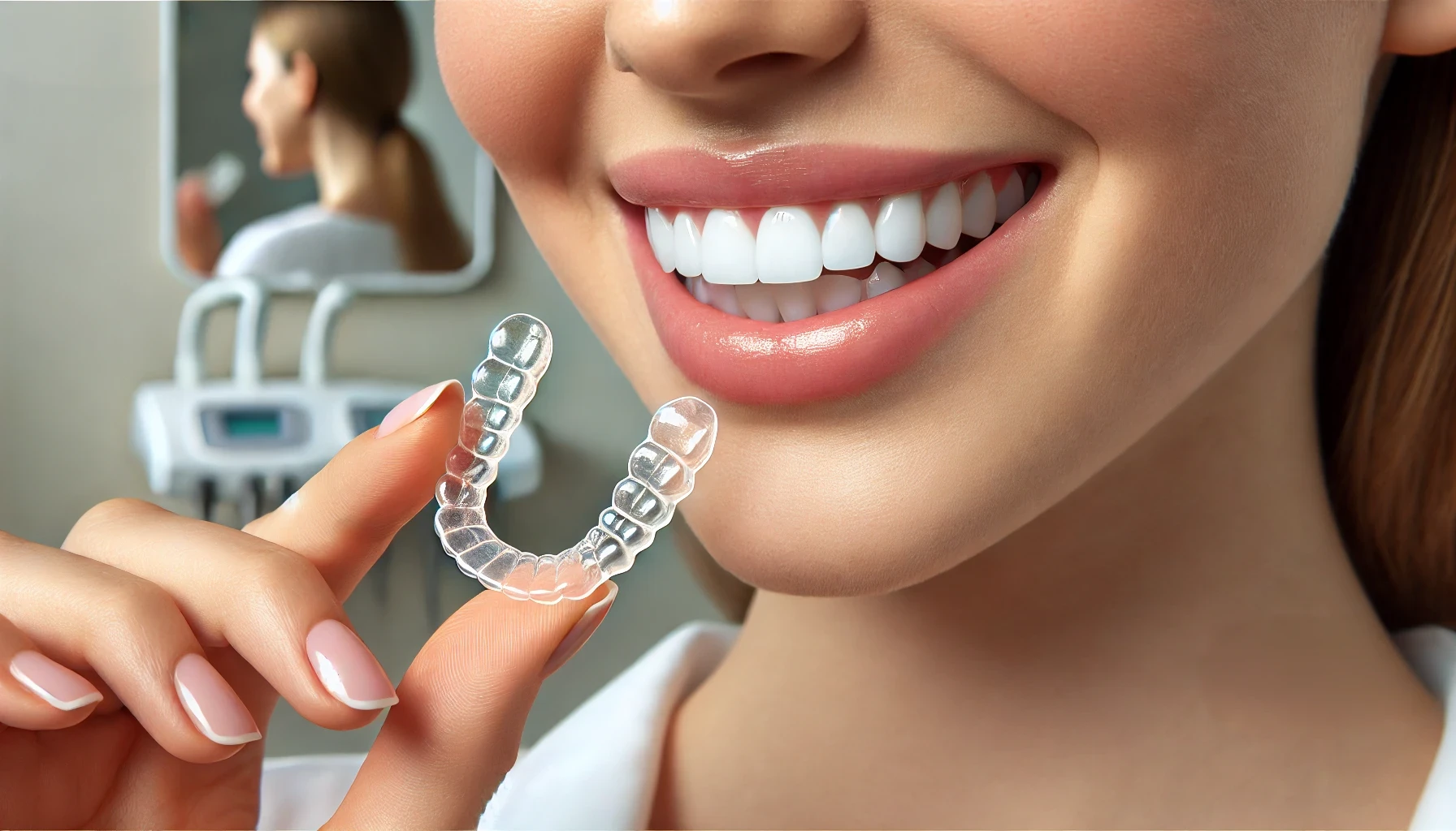 Nærbilde av person som plasserer en gjennomsiktig Invisalign-skinne på tennene i en moderne, lys tannklinikk.