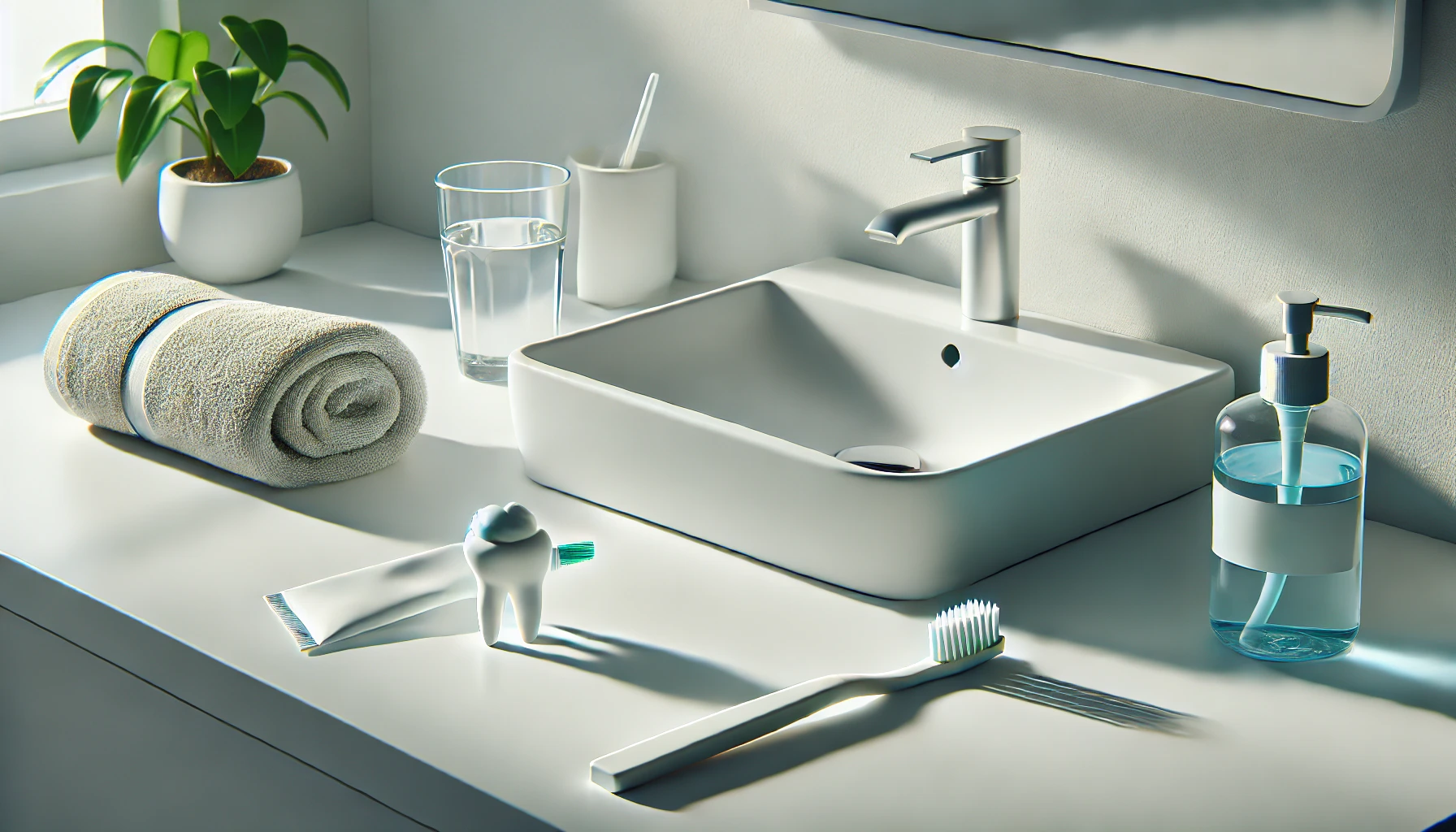 Tannbørste ved siden av vask med tannkrem og vannglass i lyst, minimalistisk baderomsmiljø uten tekst.