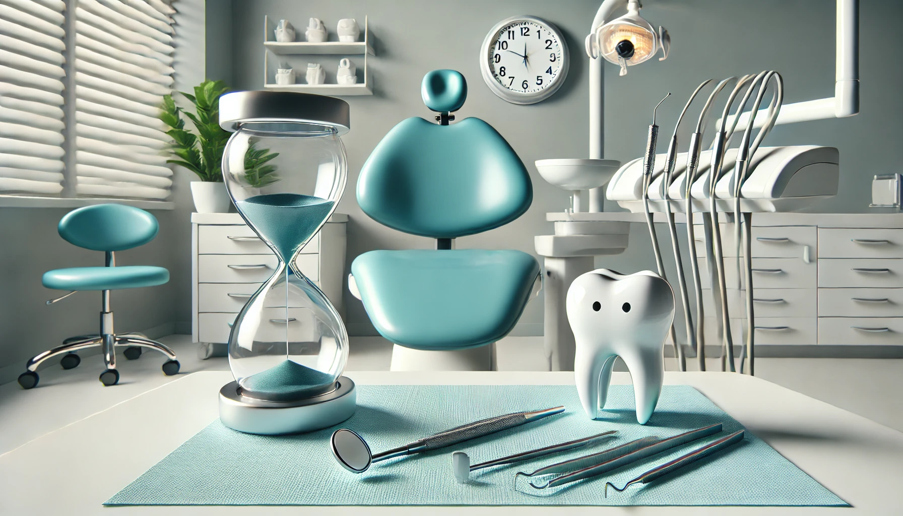 Moderne tannlegekontor med timeglass, tannmodell, tannlegeutstyr og stol i blått og hvitt, symboliserer tid og tannhelse."
