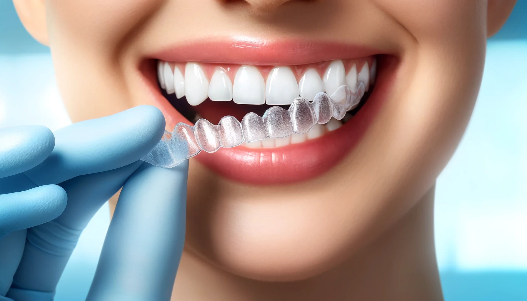 Nærbilde av en person som setter inn Invisalign-skinne for å rette tennene, med fokus på nøyaktighet og rene tenner.