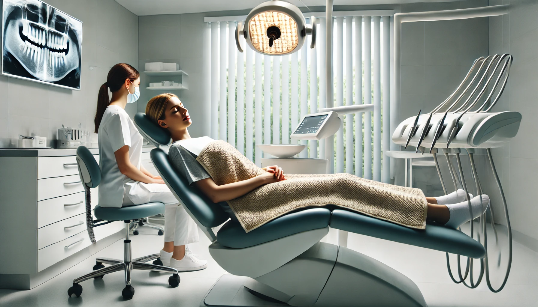 Pasient hviler rolig i moderne tannklinikk etter inngrep, overvåket av omsorgsfull tannhelsesekretær.