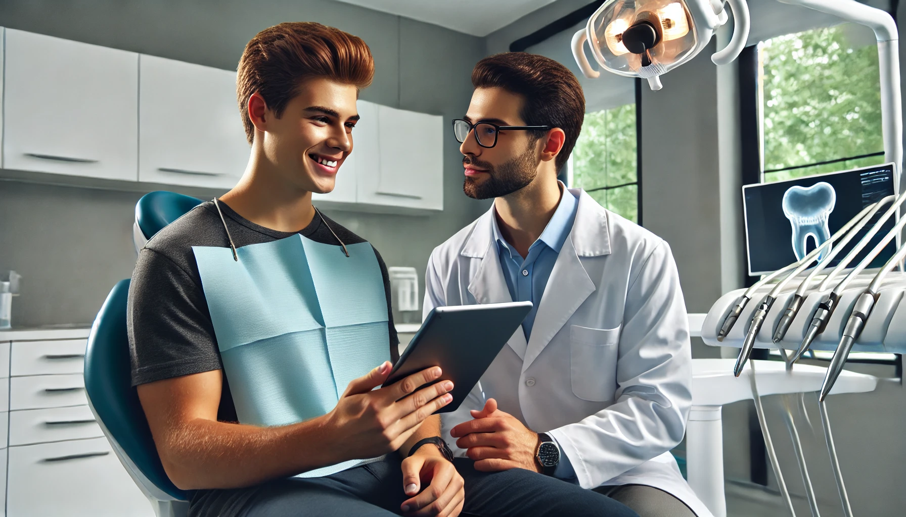 Tannlege forklarer behandlingsdekning med digitalt nettbrett i en moderne klinikk med avansert utstyr og god belysning.