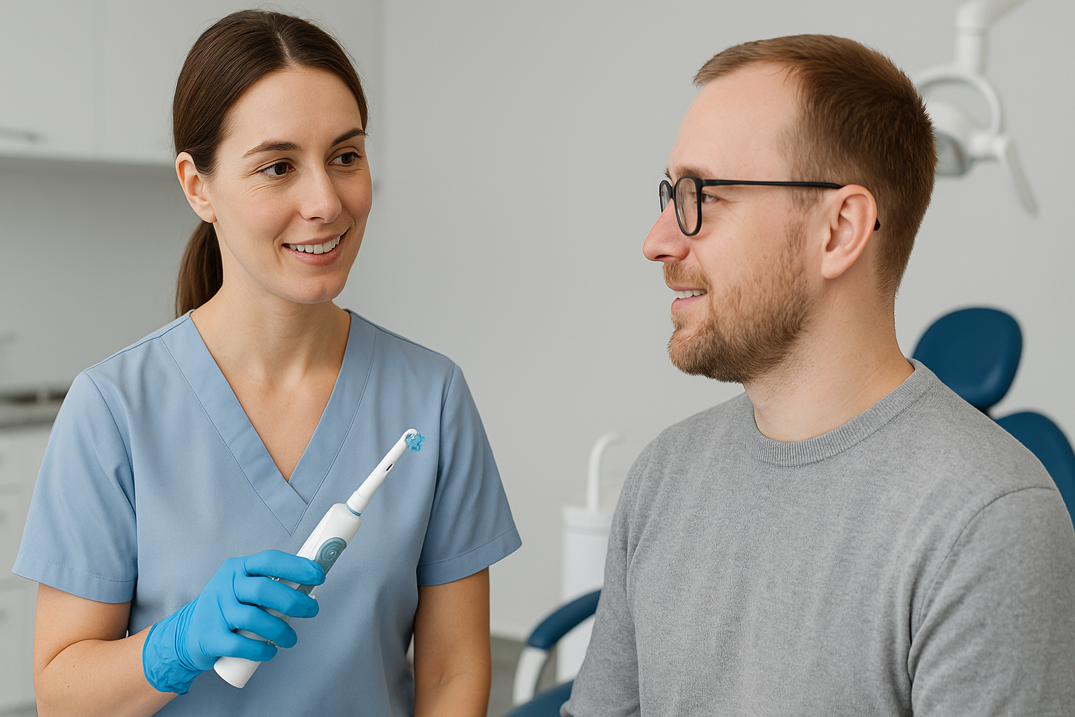 Tannlege viser pasient hvordan man trygt bruker elektrisk tannbørste under veiledning i moderne tannklinikk.