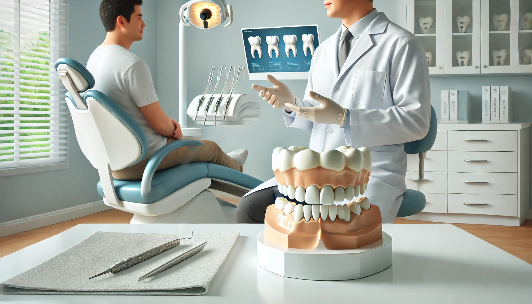 Tannlege forklarer behandling med tannkronemodell på bordet i moderne klinikk uten tekst eller ord i bildet. zirconia aluminium midlertidige kronen rundt tannen kunstig tannkrone alt du trenger