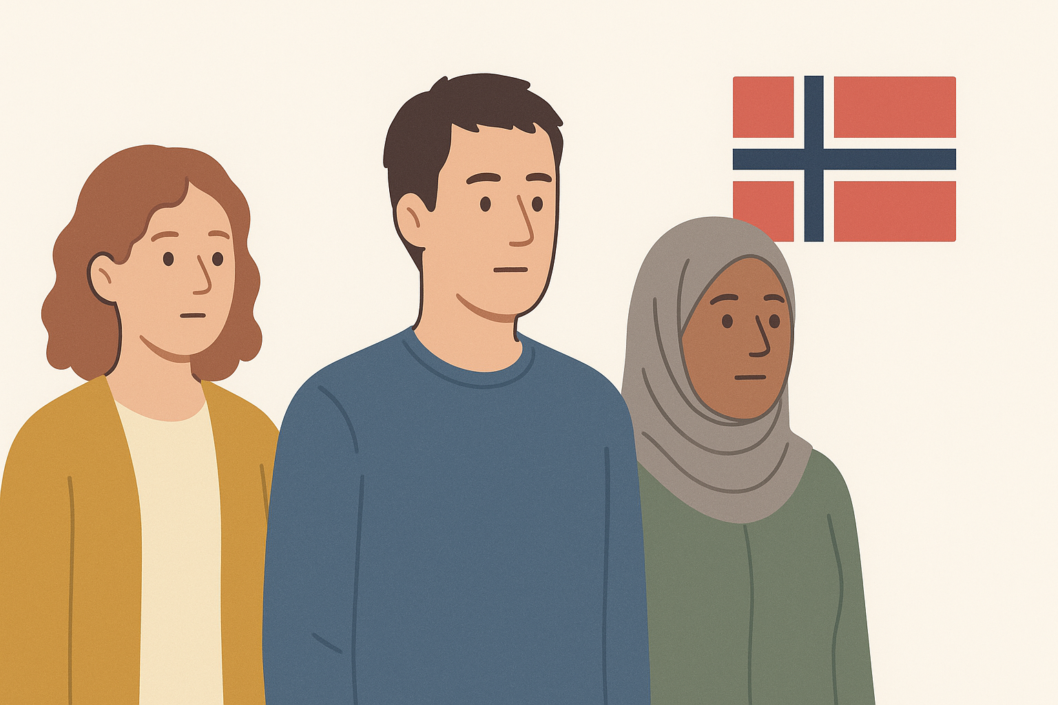 Tre personer med ulik bakgrunn står foran et nøytralt bakgrunn med norsk flagg – symboliserer støtteberettigelse.