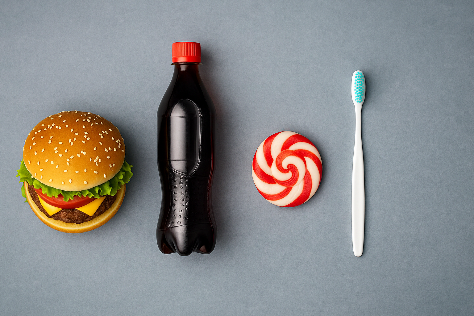 En hamburger, brusflaske, drops og tannbørste representerer sammenhengen mellom kosthold og munnhygiene.