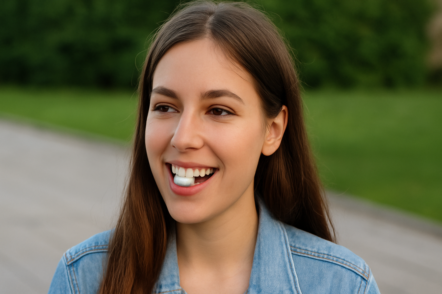 Ung kvinne tygger tyggegummi utendørs med et smil, omgitt av grønn natur i bakgrunnen, i naturlig lys.